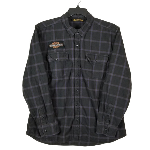 Harley-Davidson Other - Harley-Davidson Mens 2XL Black Blue Plaid Flannel Button Down Shirt Graphic Back